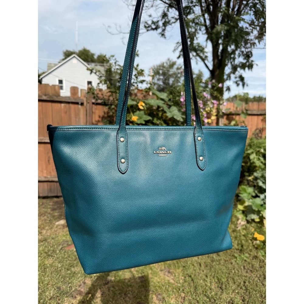 Coach City Zip Tote Crossgrain Leather Peacock Teal Blue F58846